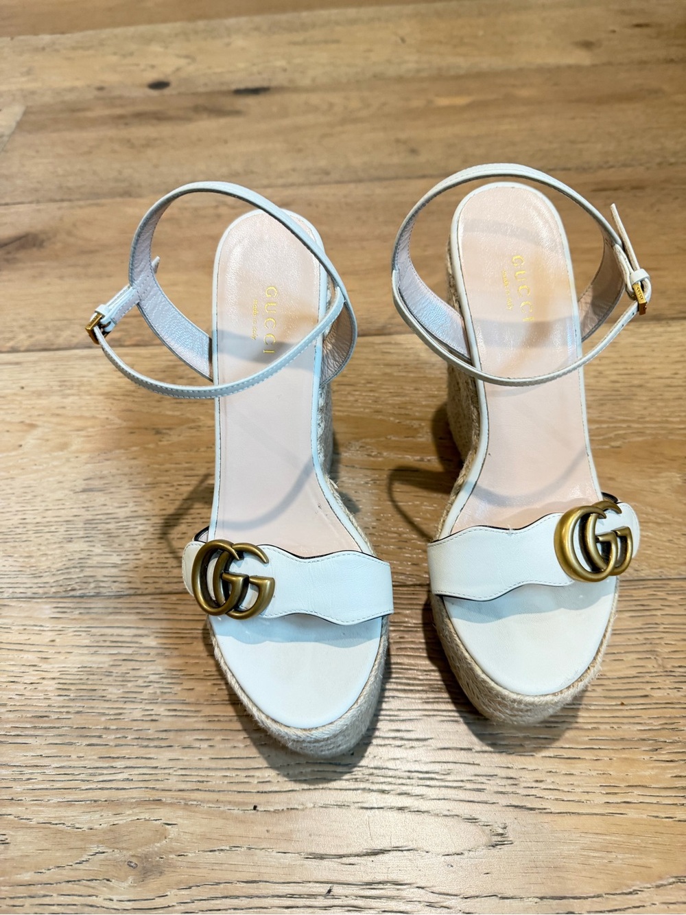 Gucci White Leather Espadrille Wedge Sandals with Gold Double-G